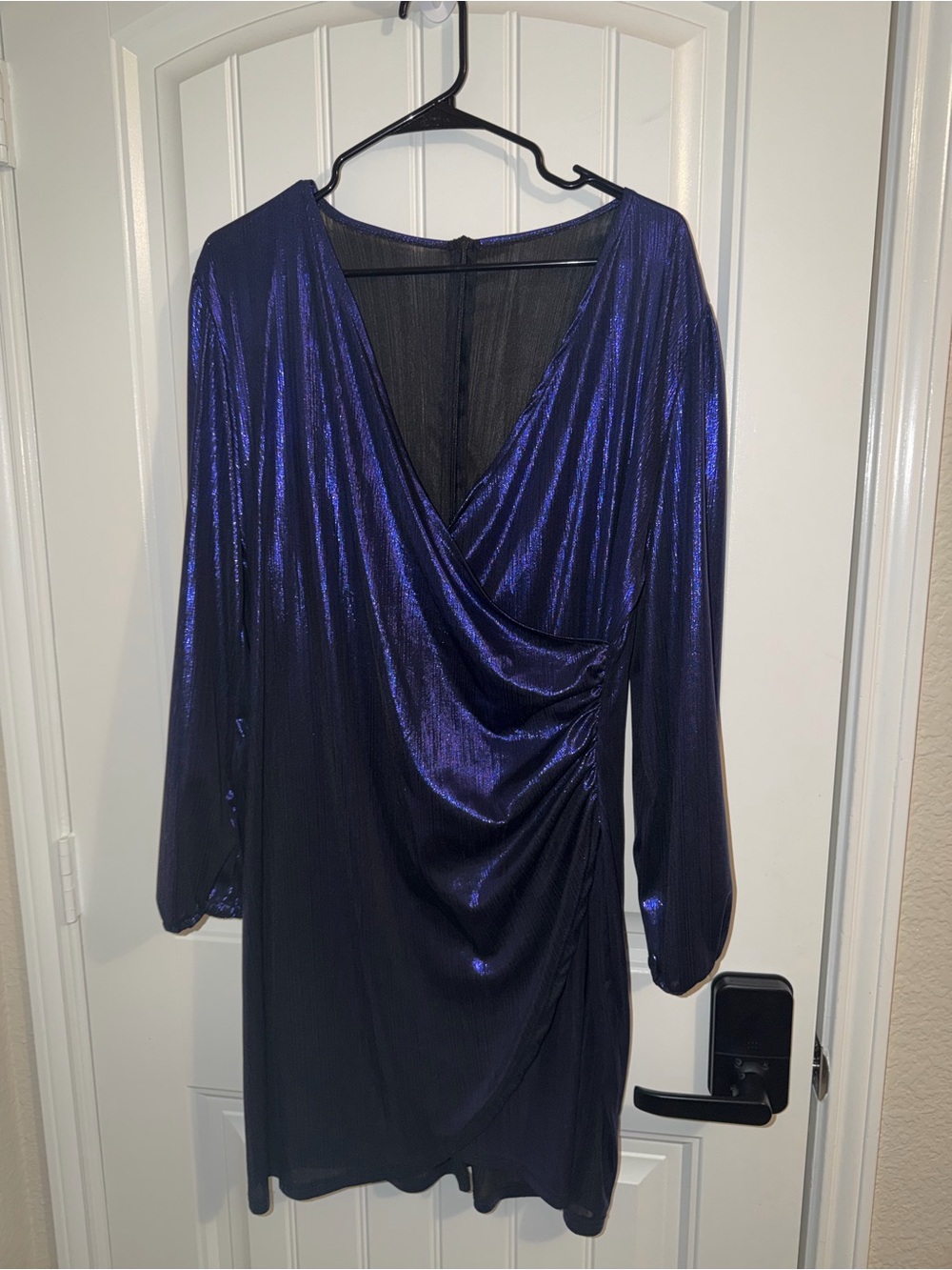 Shimmery Deep Purple Long-Sleeve Draped V-Neck Dress